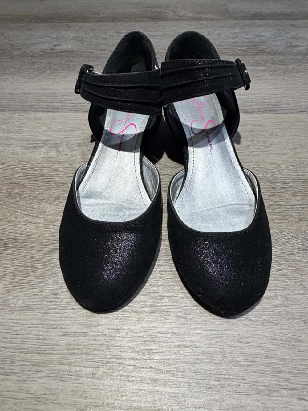 Jessica Simpson Black Glitter Ankle-Strap Wedge Heels